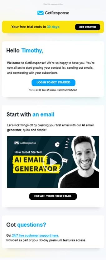 GetResponse onboarding email example showing welcome message and getting started guidance for new users